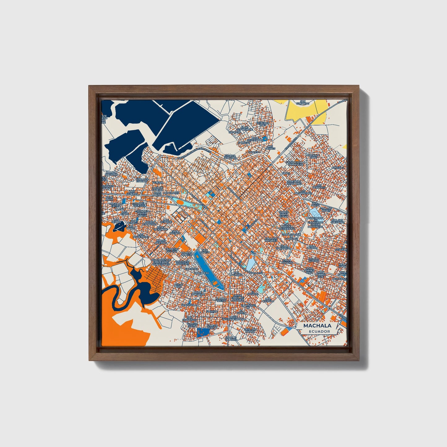 Machala Ecuador Colorful City Map Canvas Print • Dark Wooden Framed
