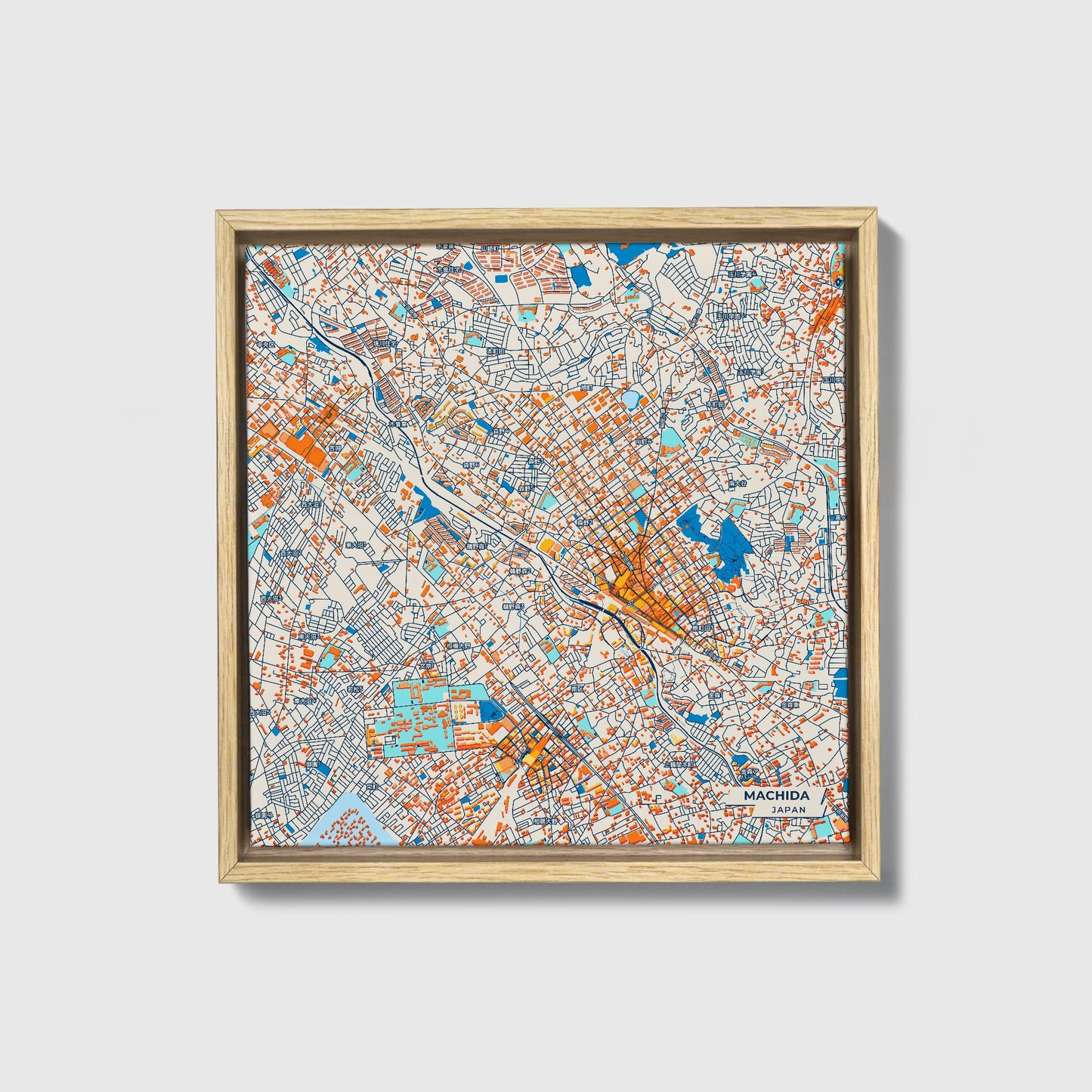 Machida Japan Colorful City Map Canvas Print • Natural Wooden Framed