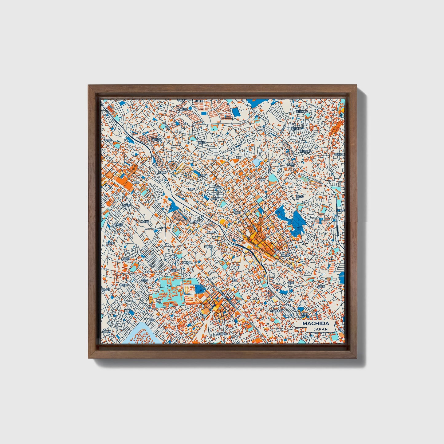Machida Japan Colorful City Map Canvas Print • Dark Wooden Framed