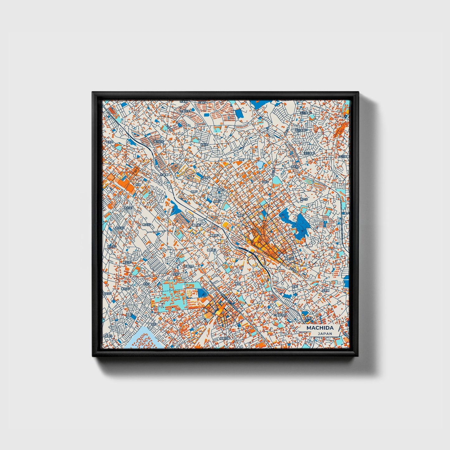 Machida Japan Colorful City Map Canvas Print • Black Framed