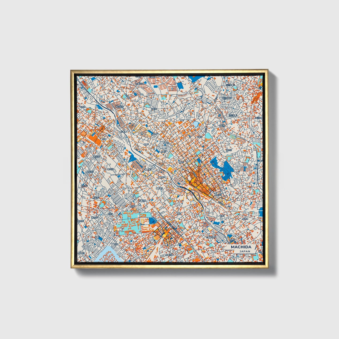 Machida Japan Colorful City Map Canvas Print • Gold Framed