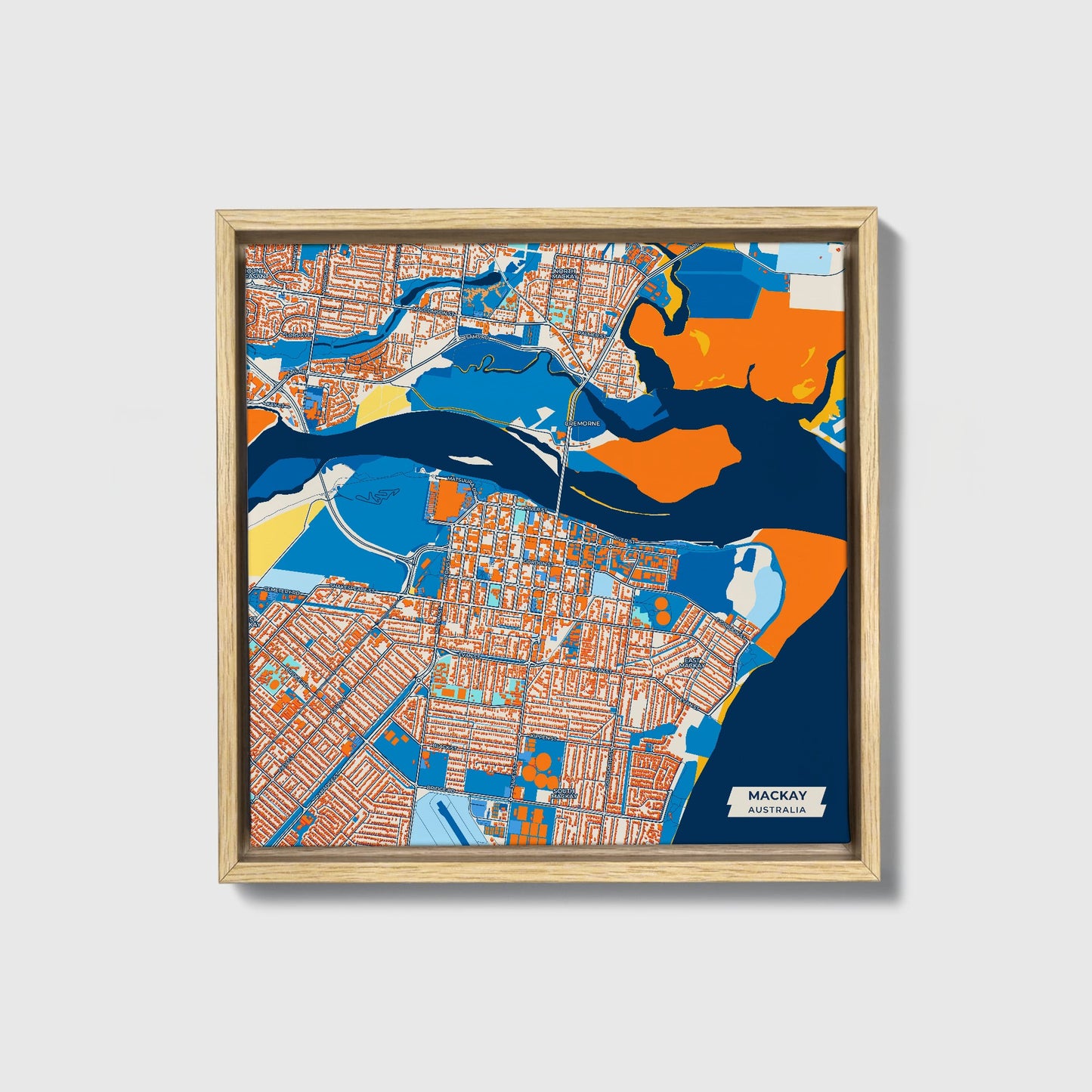 Mackay Australia Colorful City Map Canvas Print • Natural Wooden Framed