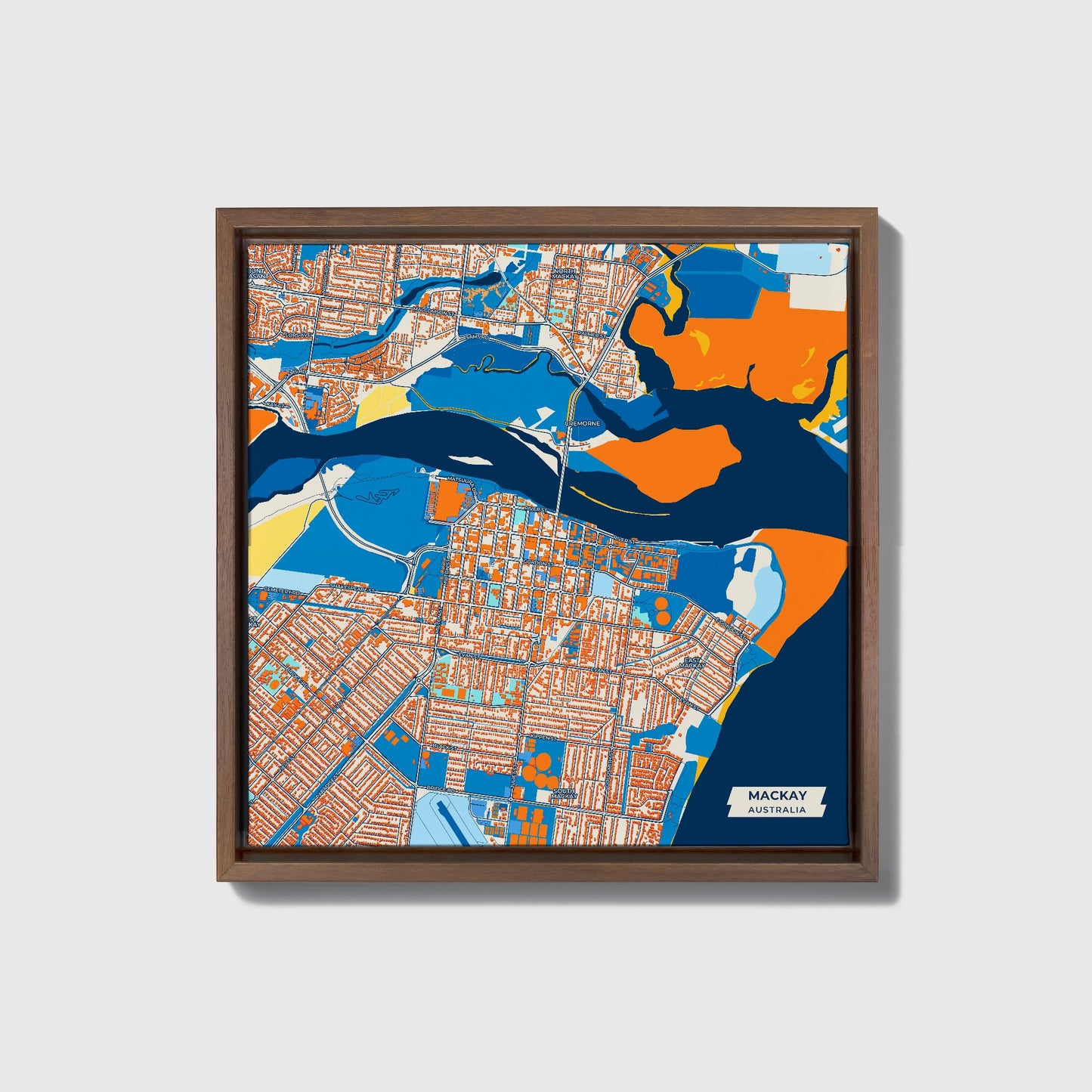 Mackay Australia Colorful City Map Canvas Print • Dark Wooden Framed