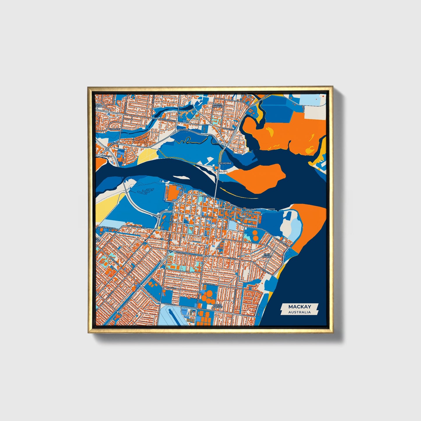 Mackay Australia Colorful City Map Canvas Print • Gold Framed