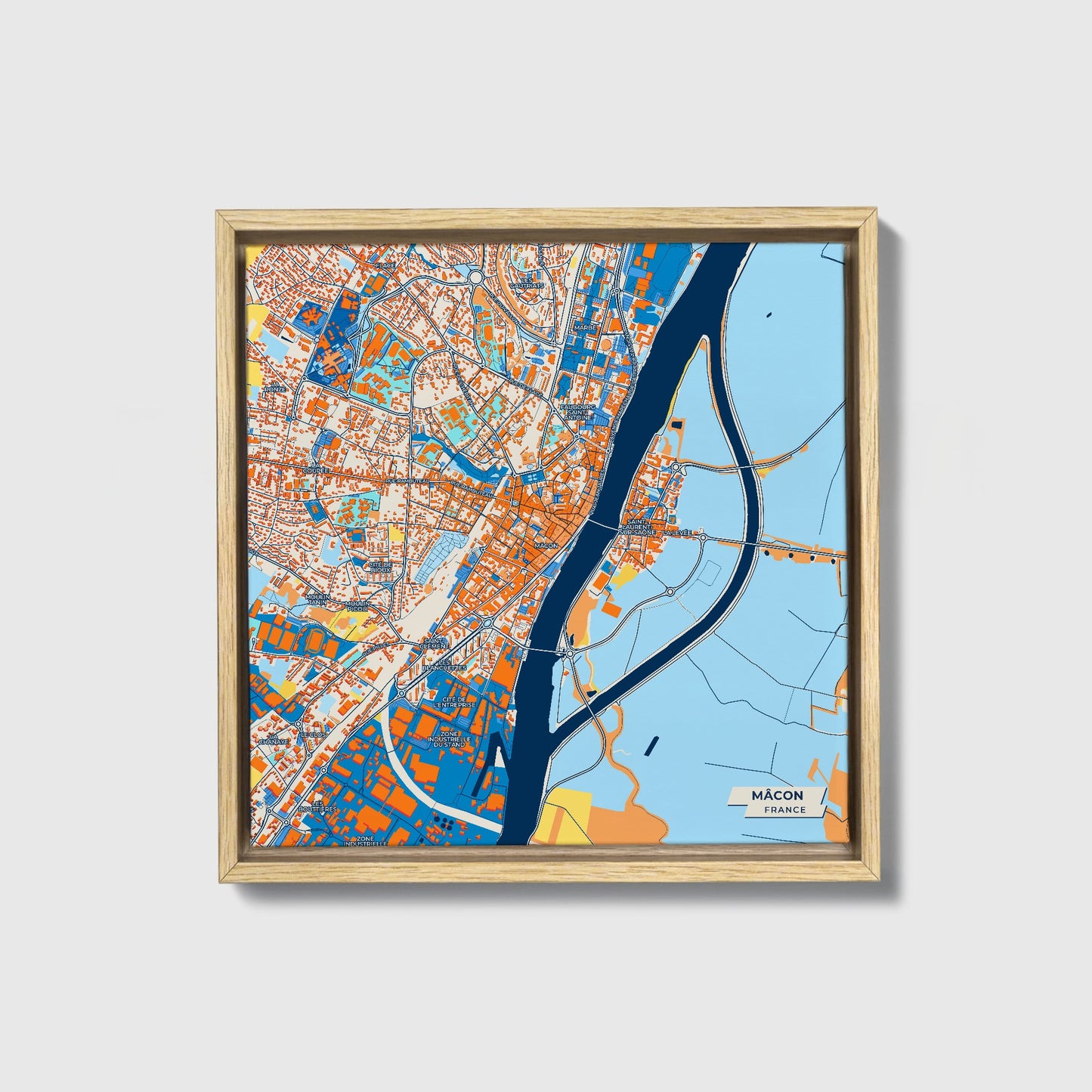 Mâcon France Colorful City Map Canvas Print • Natural Wooden Framed