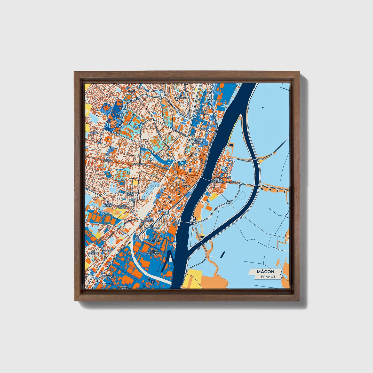 Mâcon France Colorful City Map Canvas Print • Dark Wooden Framed