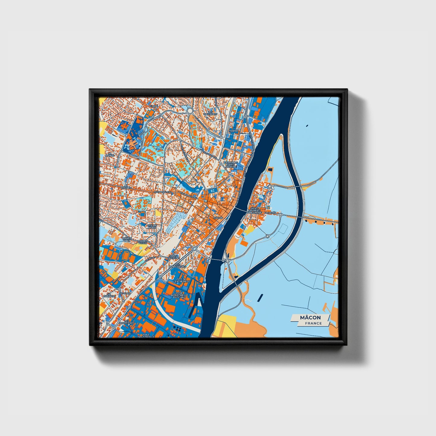 Mâcon France Colorful City Map Canvas Print • Black Framed