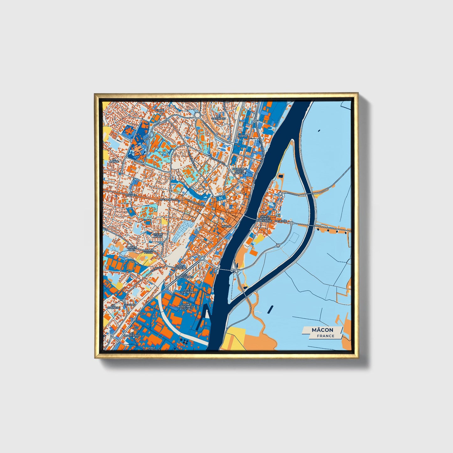 Mâcon France Colorful City Map Canvas Print • Gold Framed