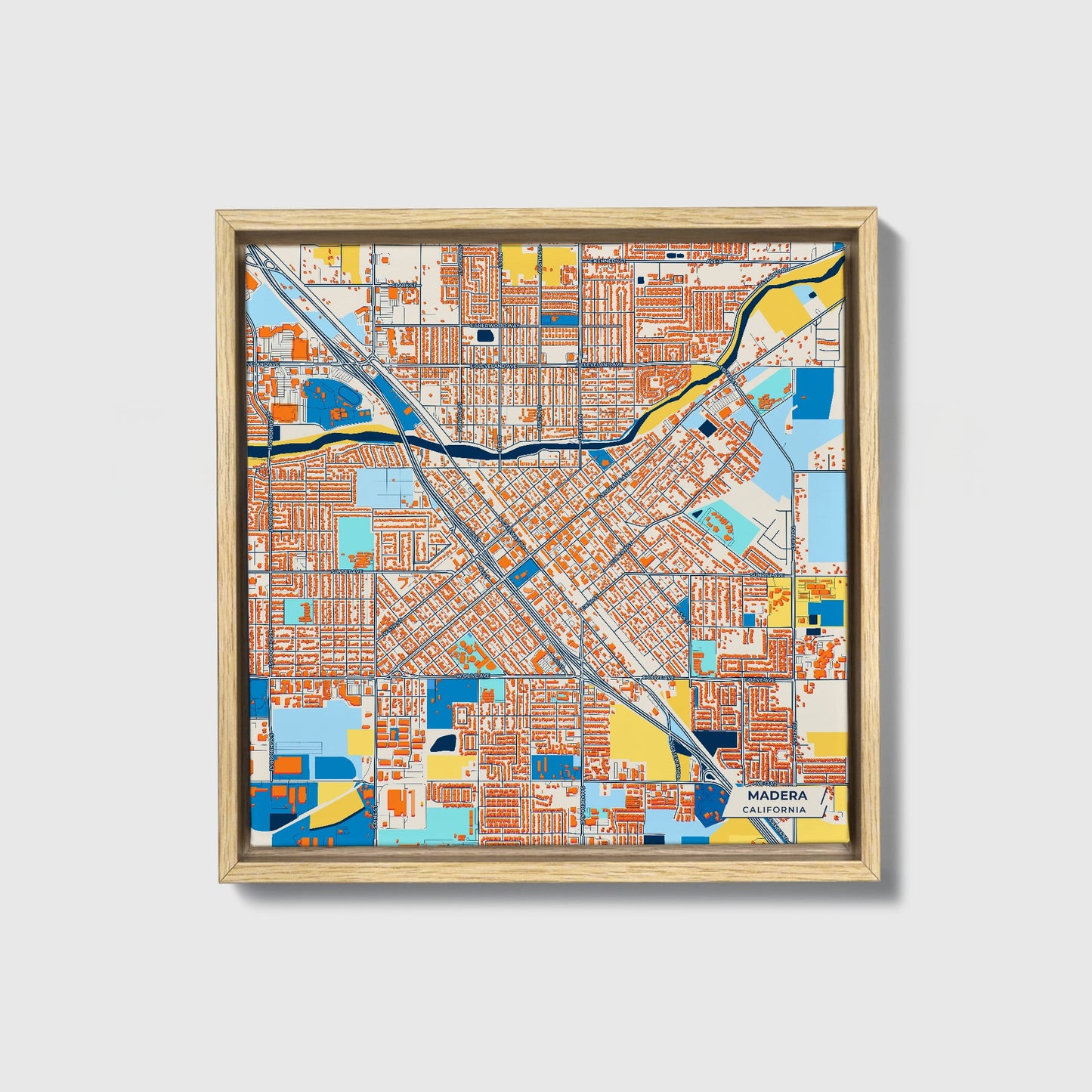 Madera California Colorful City Map Canvas Print • Natural Wooden Framed
