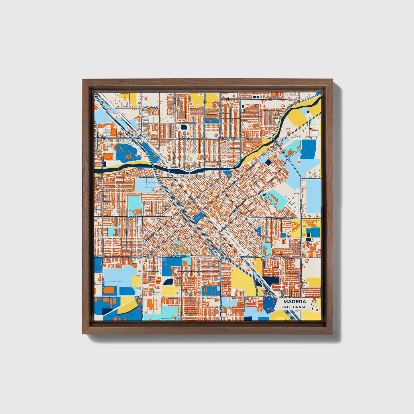 Madera California Colorful City Map Canvas Print • Dark Wooden Framed