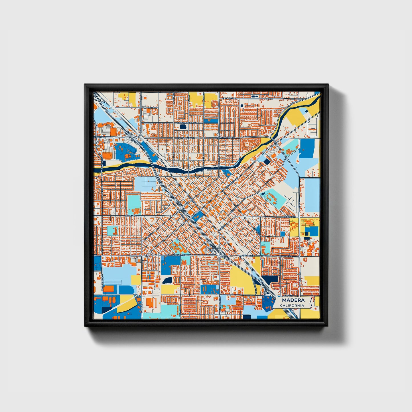 Madera California Colorful City Map Canvas Print • Black Framed