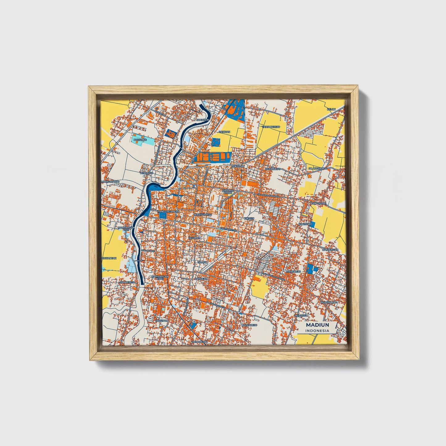 Madiun Indonesia Colorful City Map Canvas Print • Natural Wooden Framed