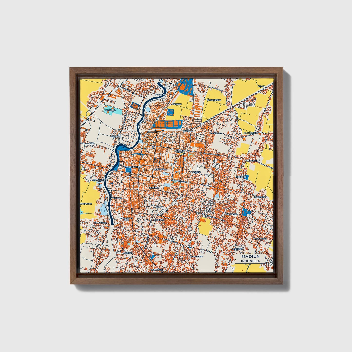 Madiun Indonesia Colorful City Map Canvas Print • Dark Wooden Framed