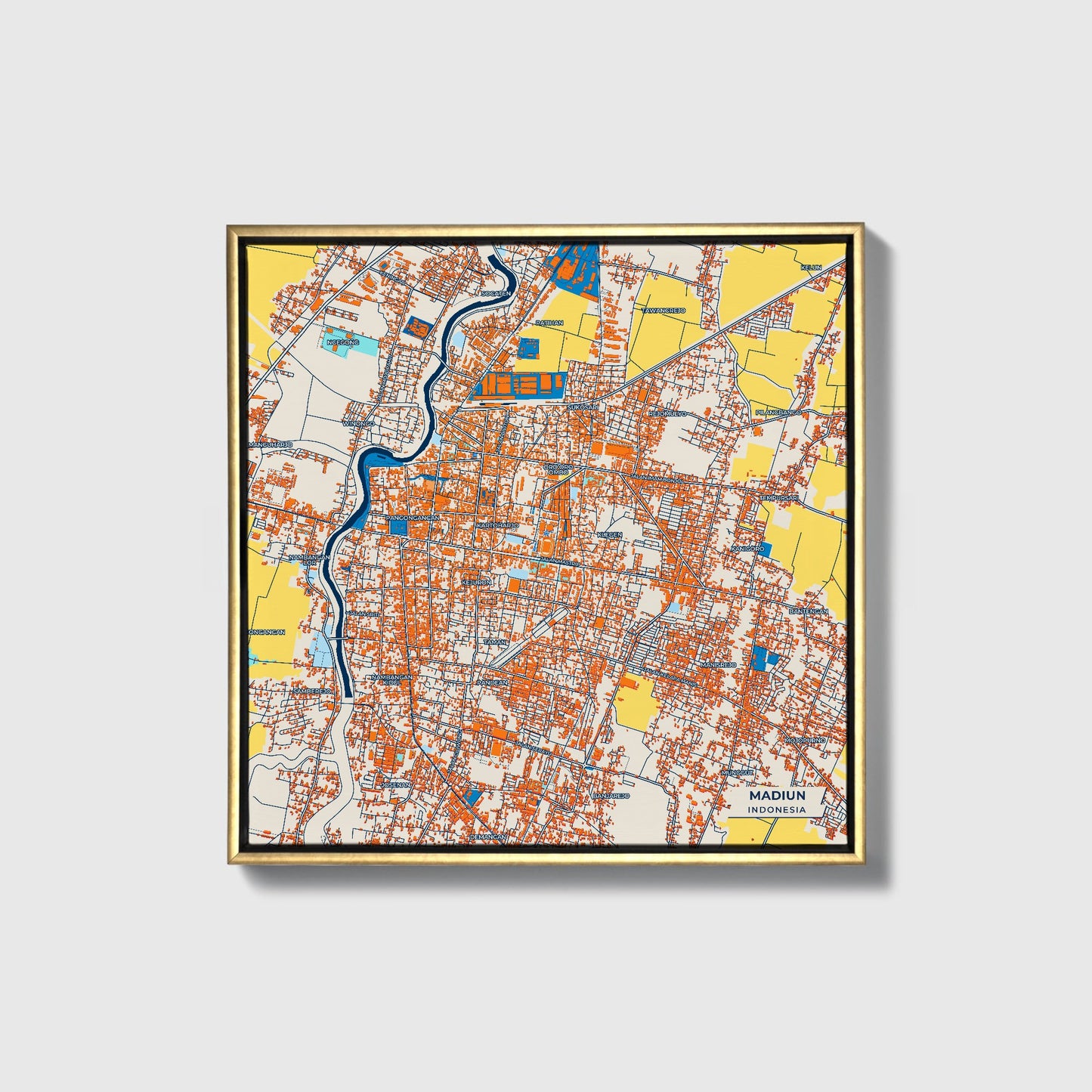 Madiun Indonesia Colorful City Map Canvas Print • Gold Framed
