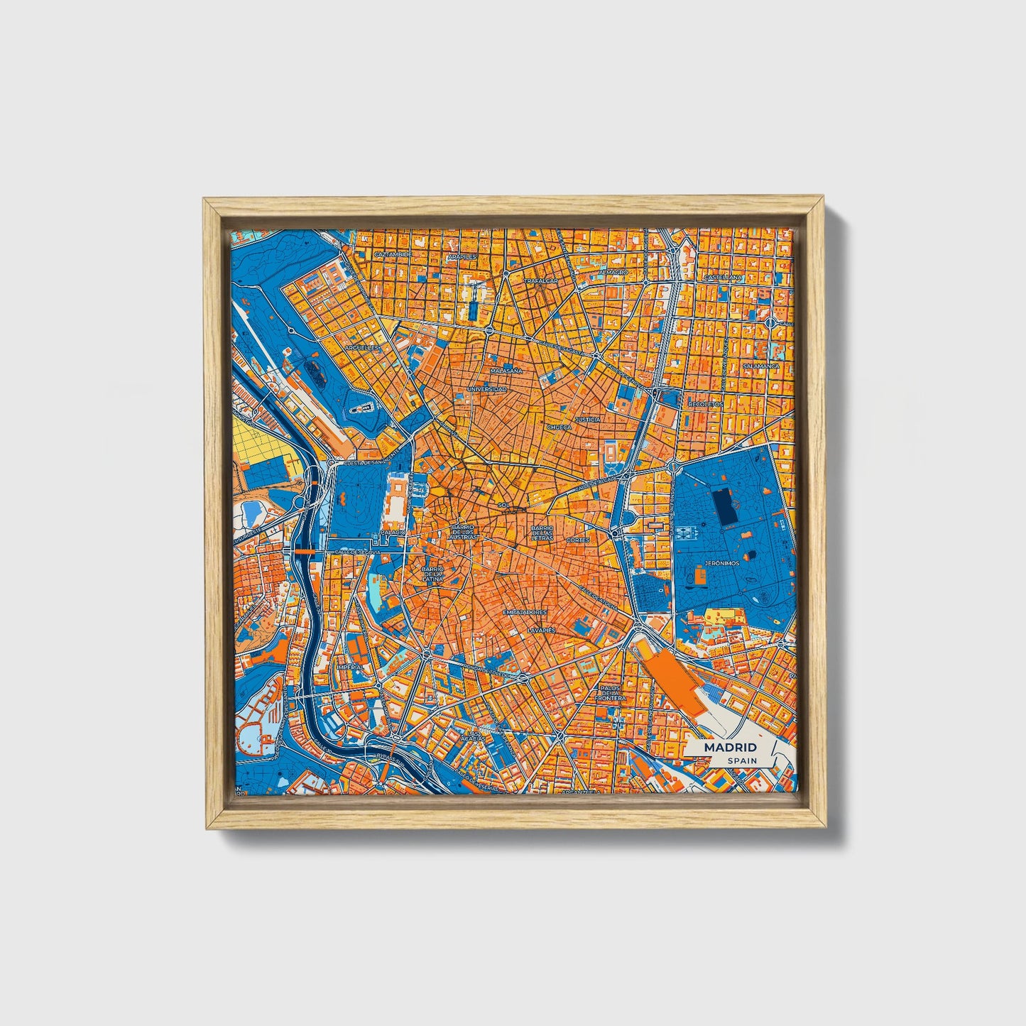 Madrid Spain Colorful City Map Canvas Print • Natural Wooden Framed