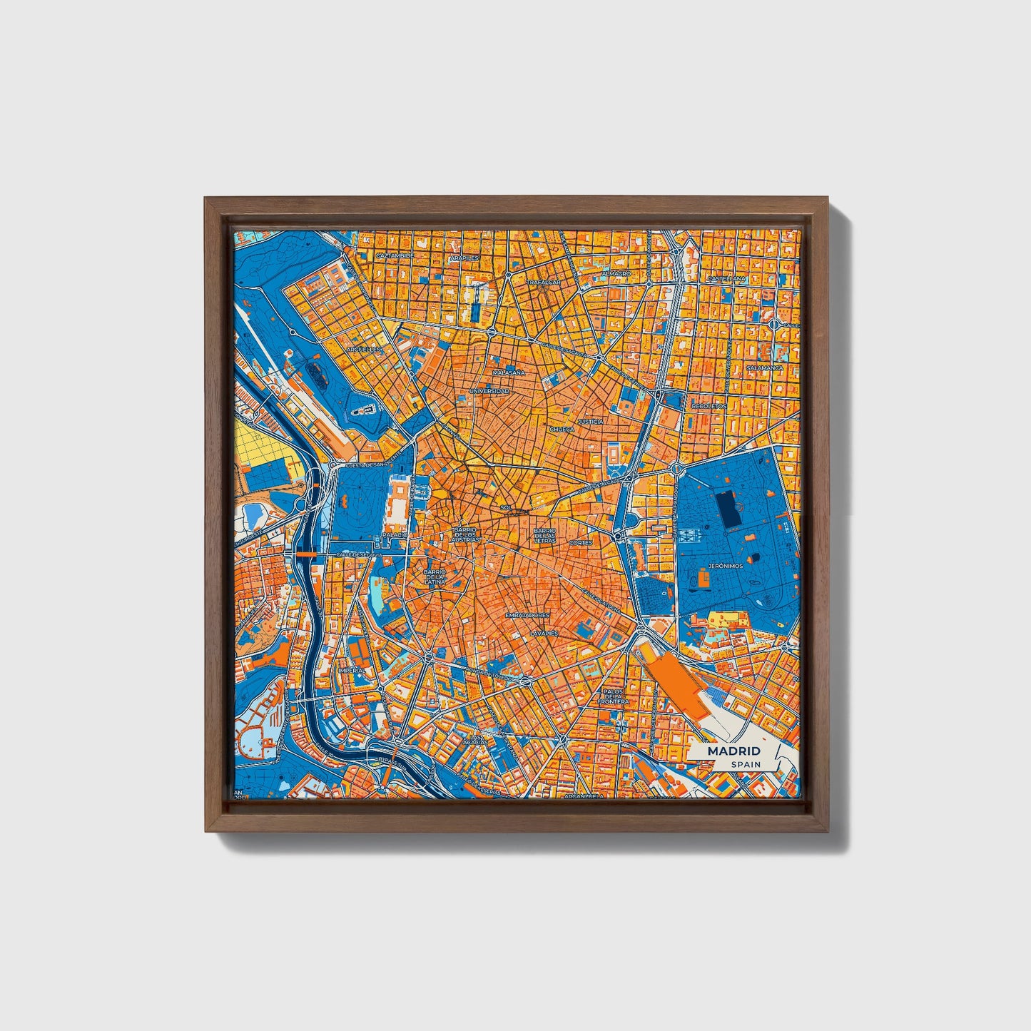 Madrid Spain Colorful City Map Canvas Print • Dark Wooden Framed