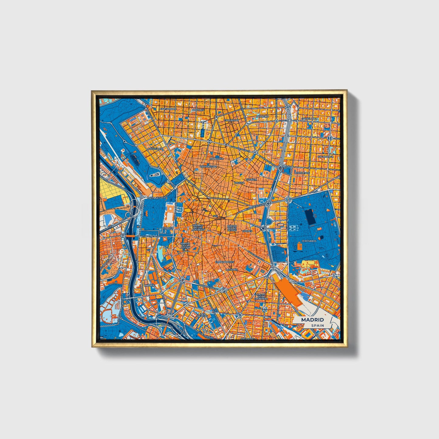 Madrid Spain Colorful City Map Canvas Print • Gold Framed