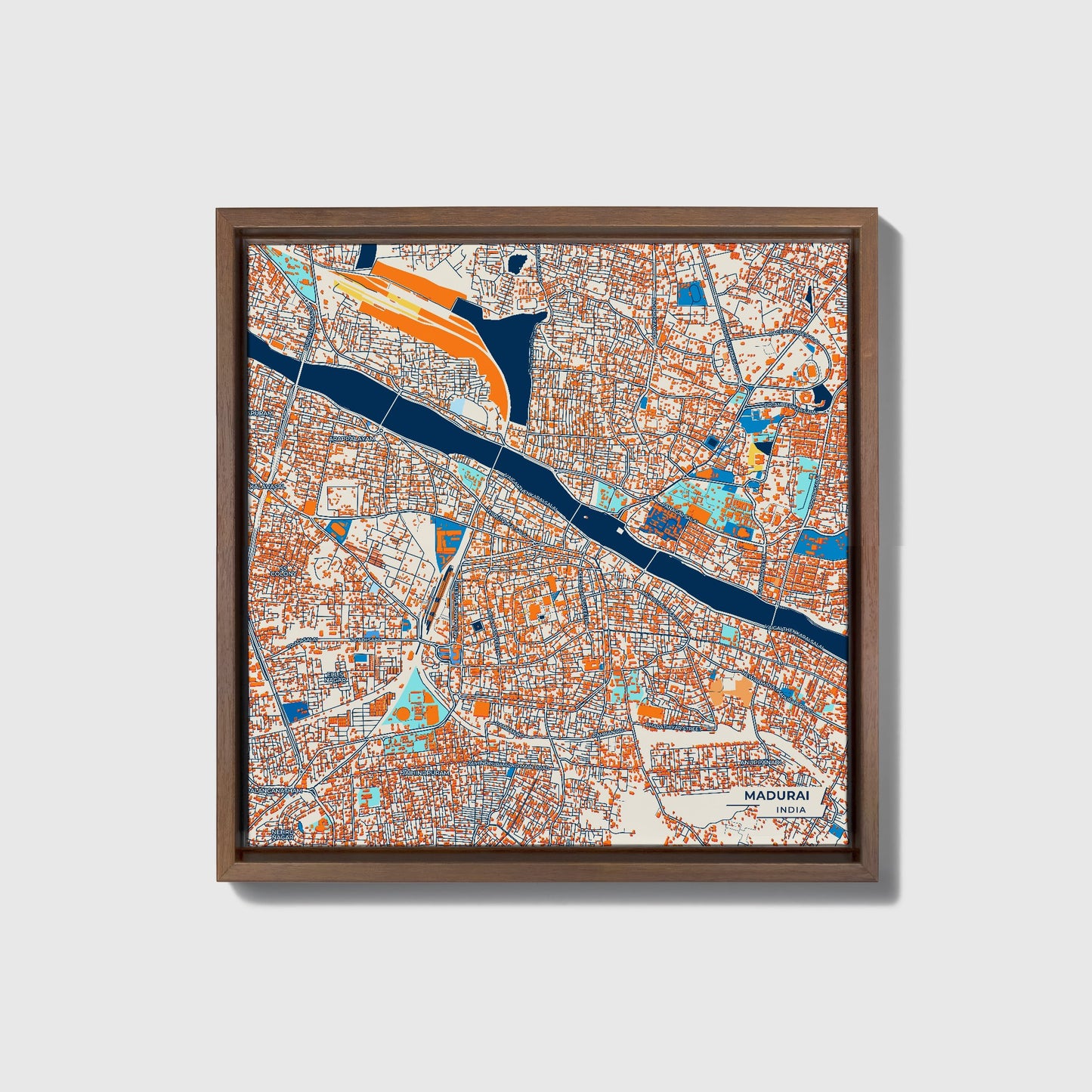 Madurai India Colorful City Map Canvas Print • Dark Wooden Framed