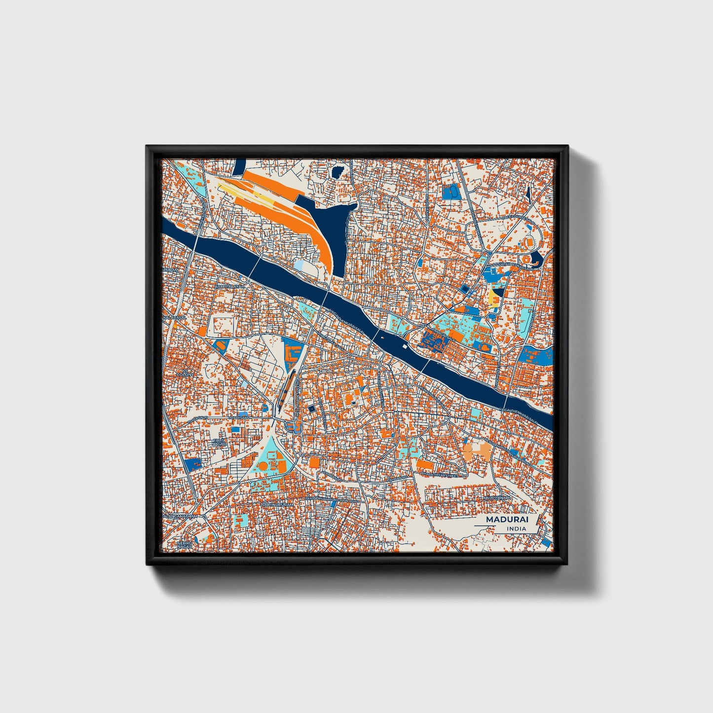Madurai India Colorful City Map Canvas Print • Black Framed