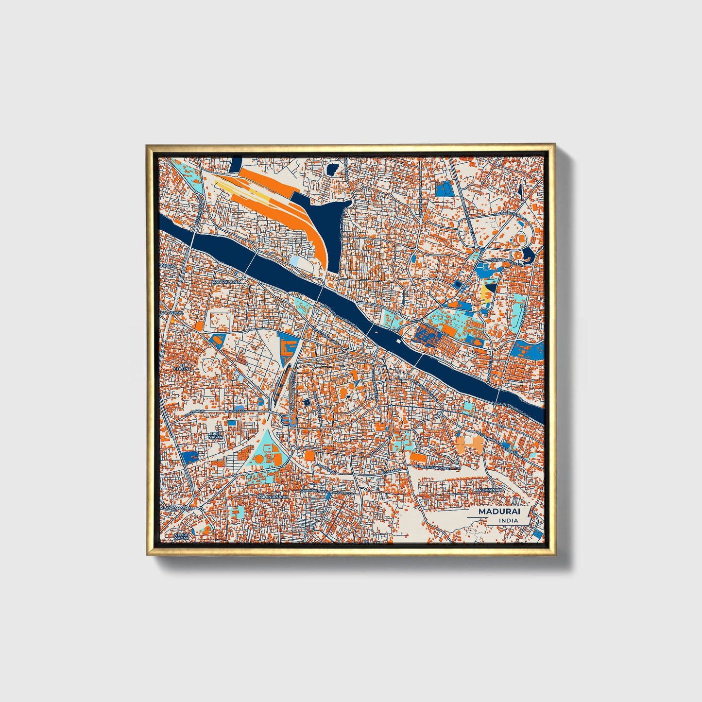 Madurai India Colorful City Map Canvas Print • Gold Framed