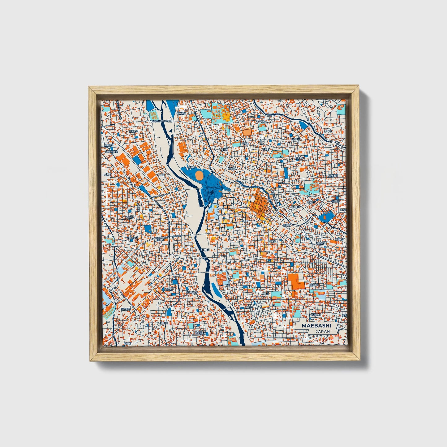 Maebashi Japan Colorful City Map Canvas Print • Natural Wooden Framed