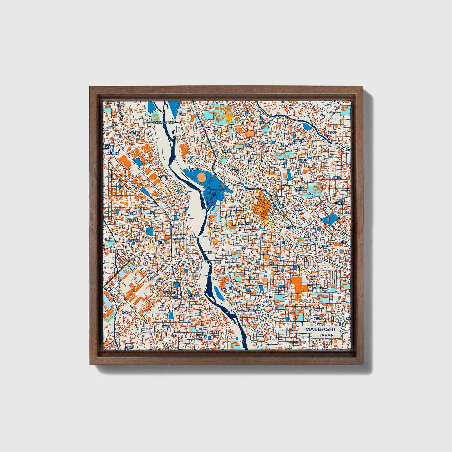 Maebashi Japan Colorful City Map Canvas Print • Dark Wooden Framed