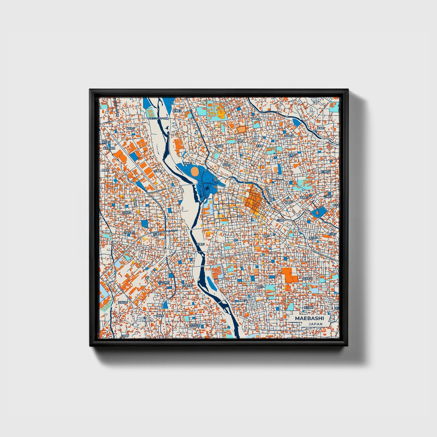 Maebashi Japan Colorful City Map Canvas Print • Black Framed
