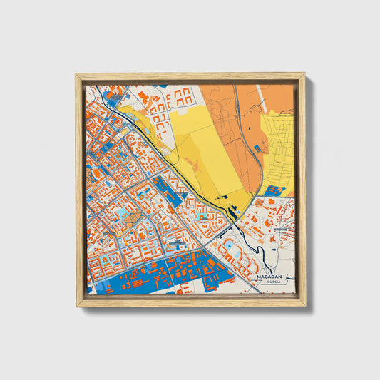 Магаданская Russia Colorful City Map Canvas Print • Natural Wooden Framed