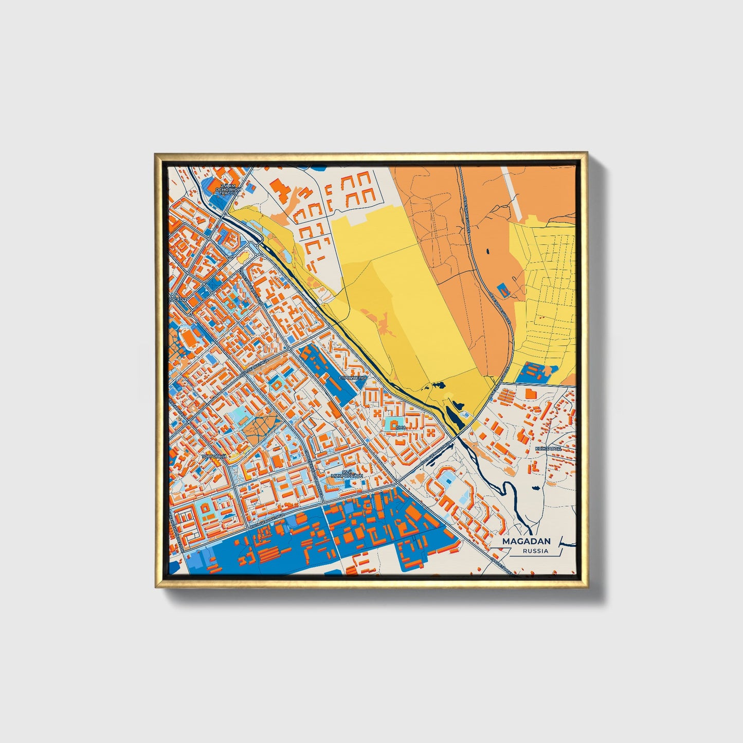 Магаданская Russia Colorful City Map Canvas Print • Gold Framed