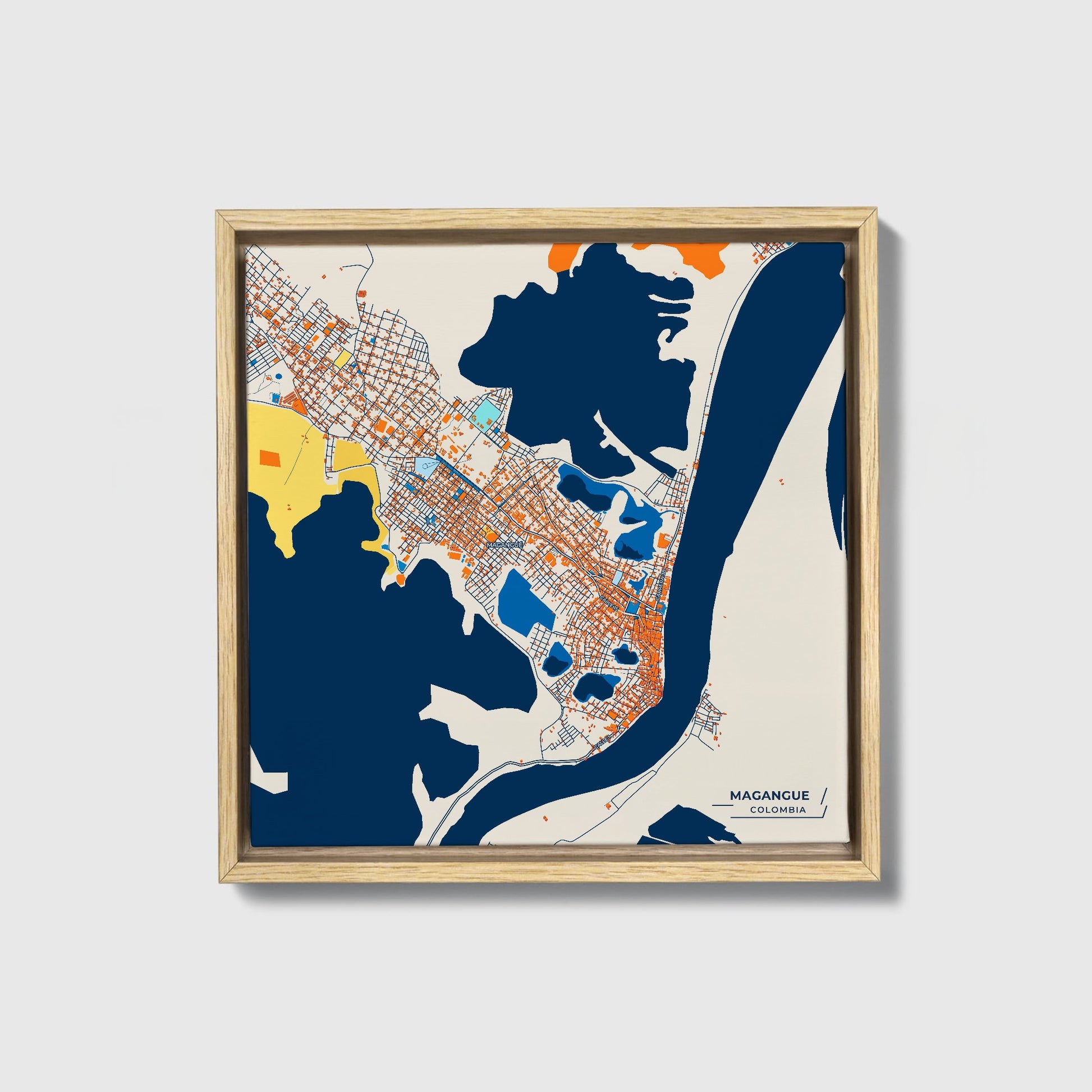 Magangue Colombia Colorful City Map Canvas Print • Natural Wooden Framed