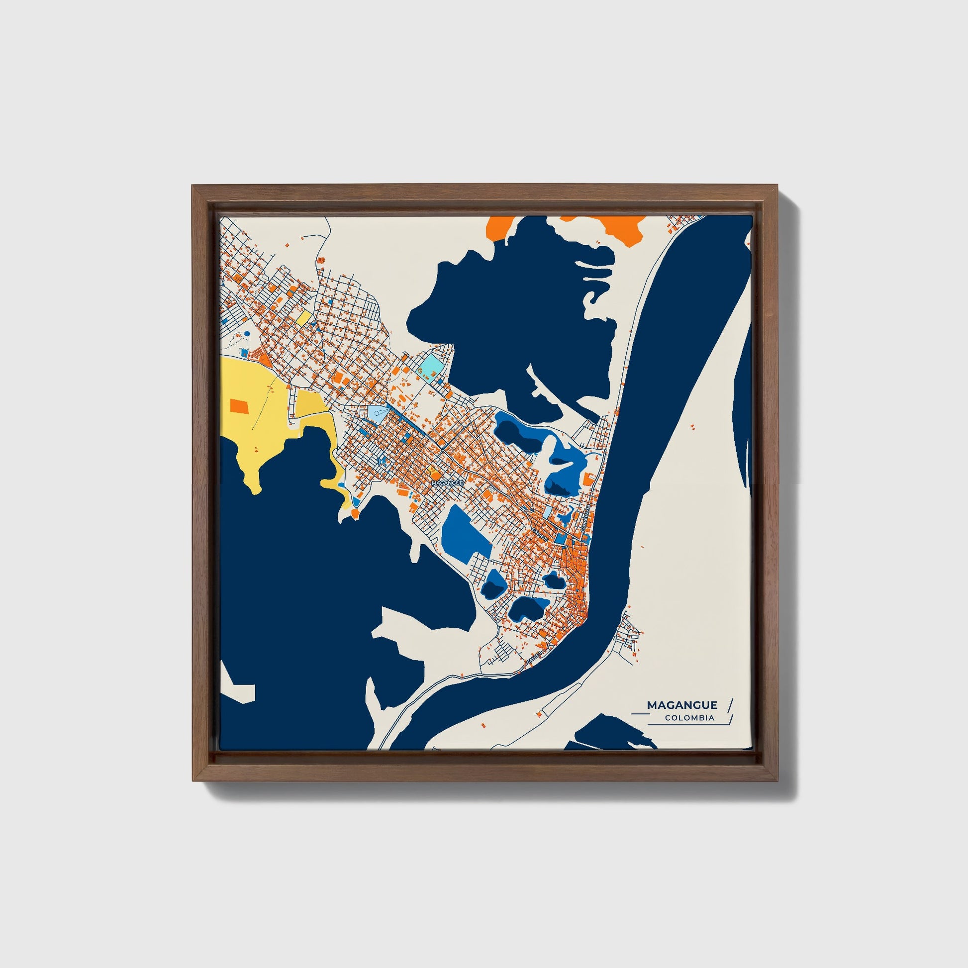 Magangue Colombia Colorful City Map Canvas Print • Dark Wooden Framed