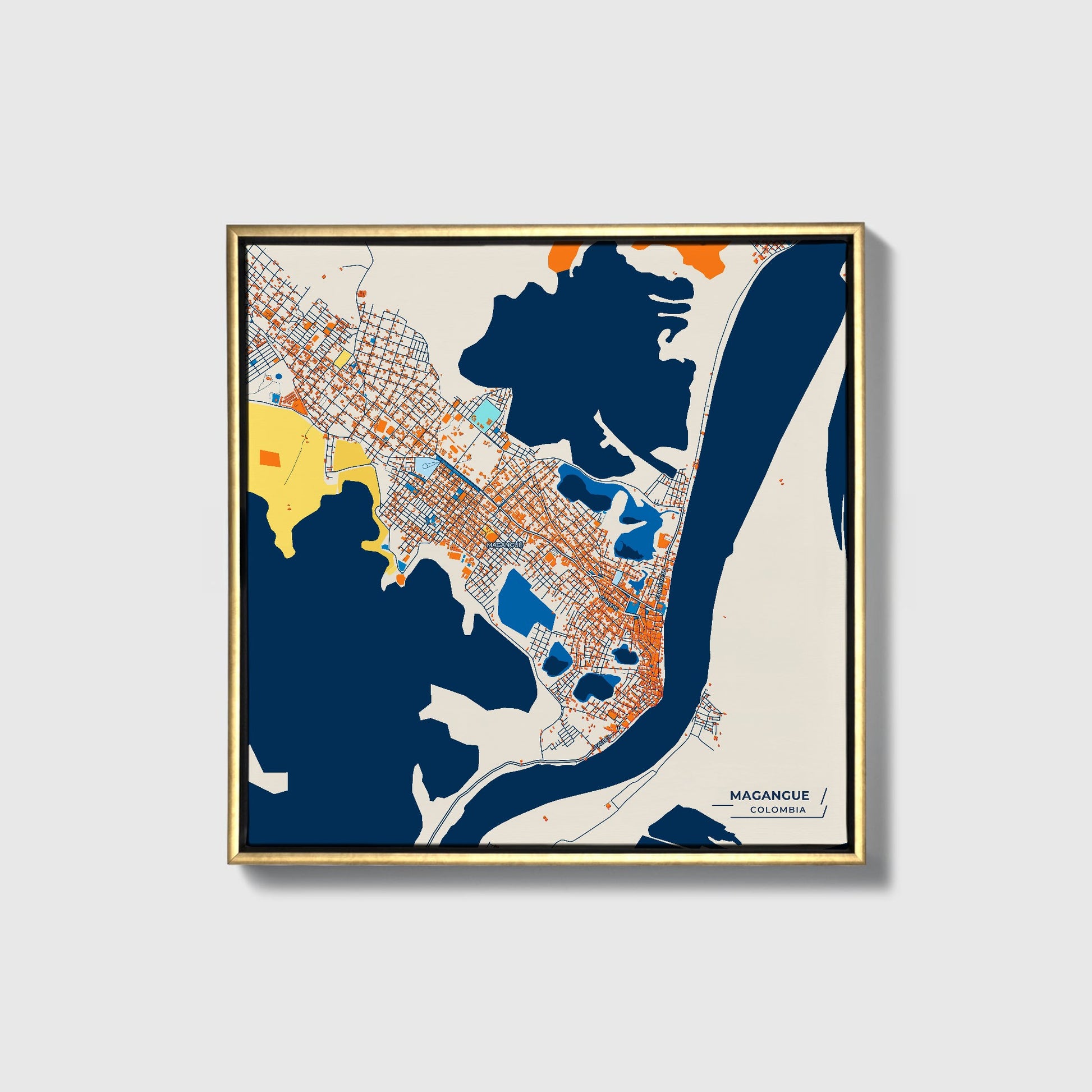 Magangue Colombia Colorful City Map Canvas Print • Gold Framed