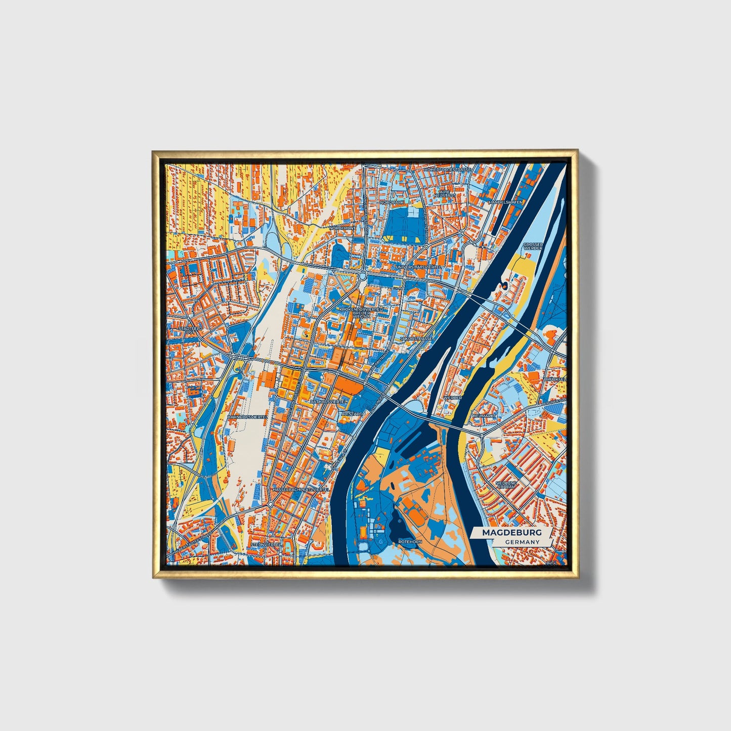 Magdeburg Germany Colorful City Map Canvas Print • Gold Framed