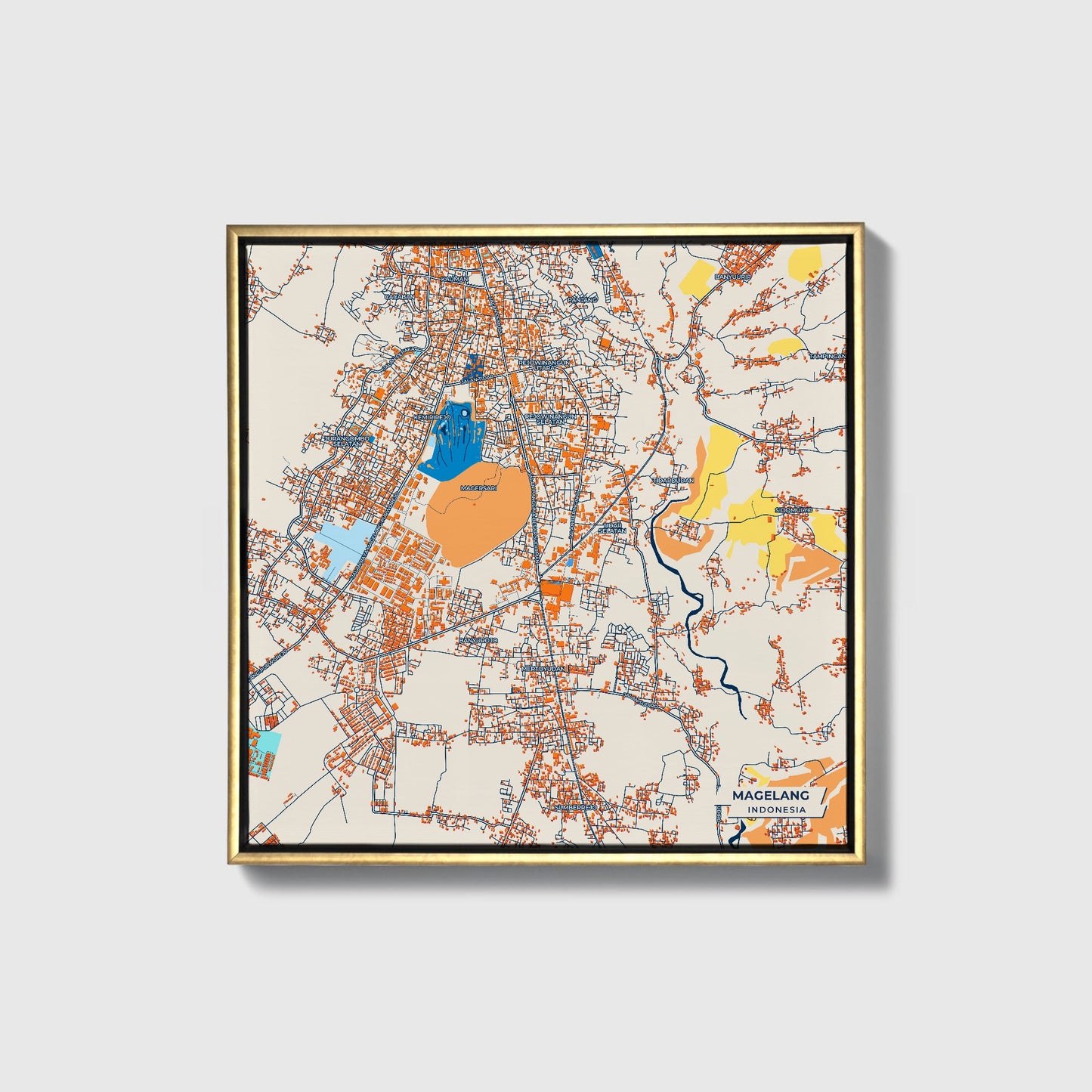 Magelang Indonesia Colorful City Map Canvas Print • Gold Framed