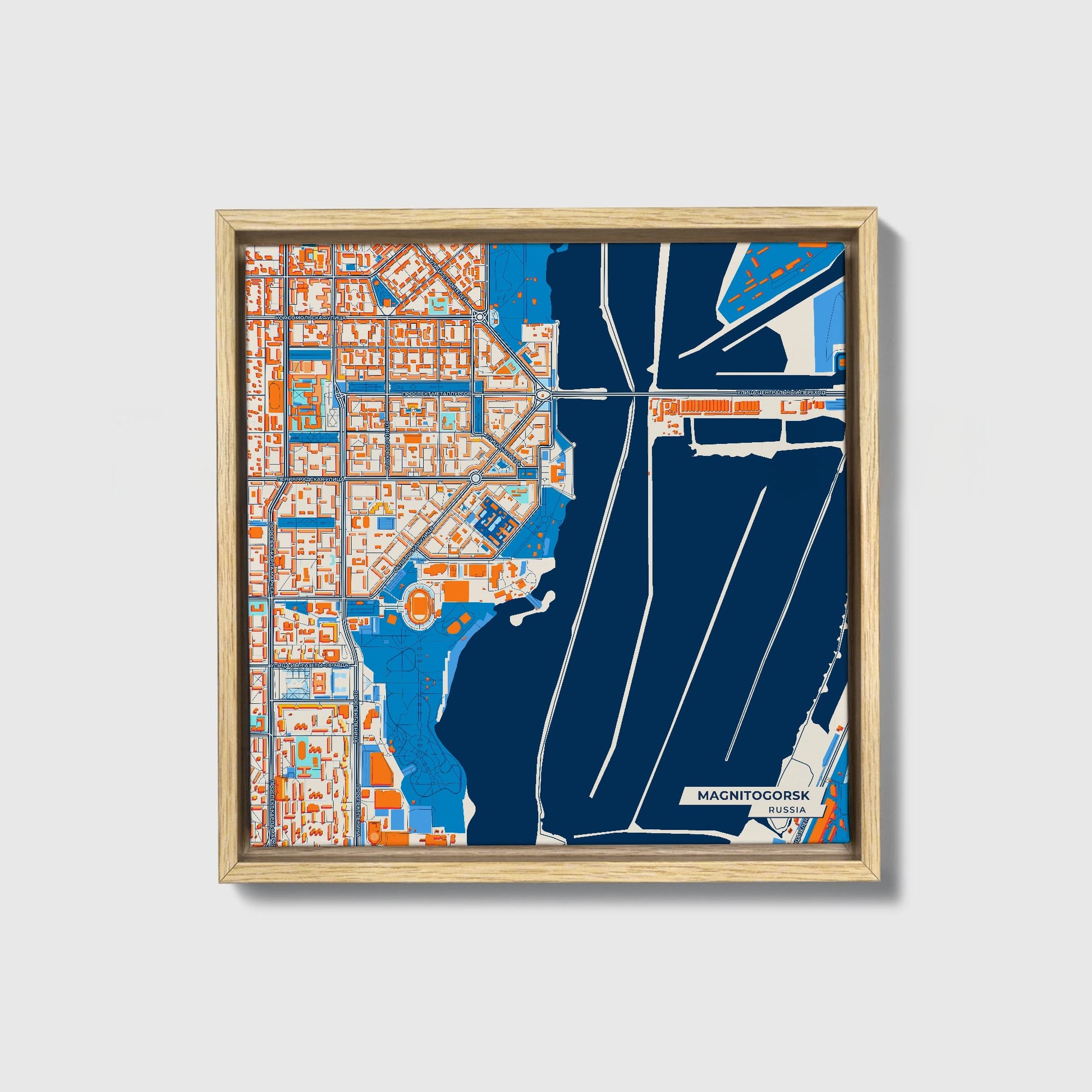 Магнитогорский Russia Colorful City Map Canvas Print • Natural Wooden Framed