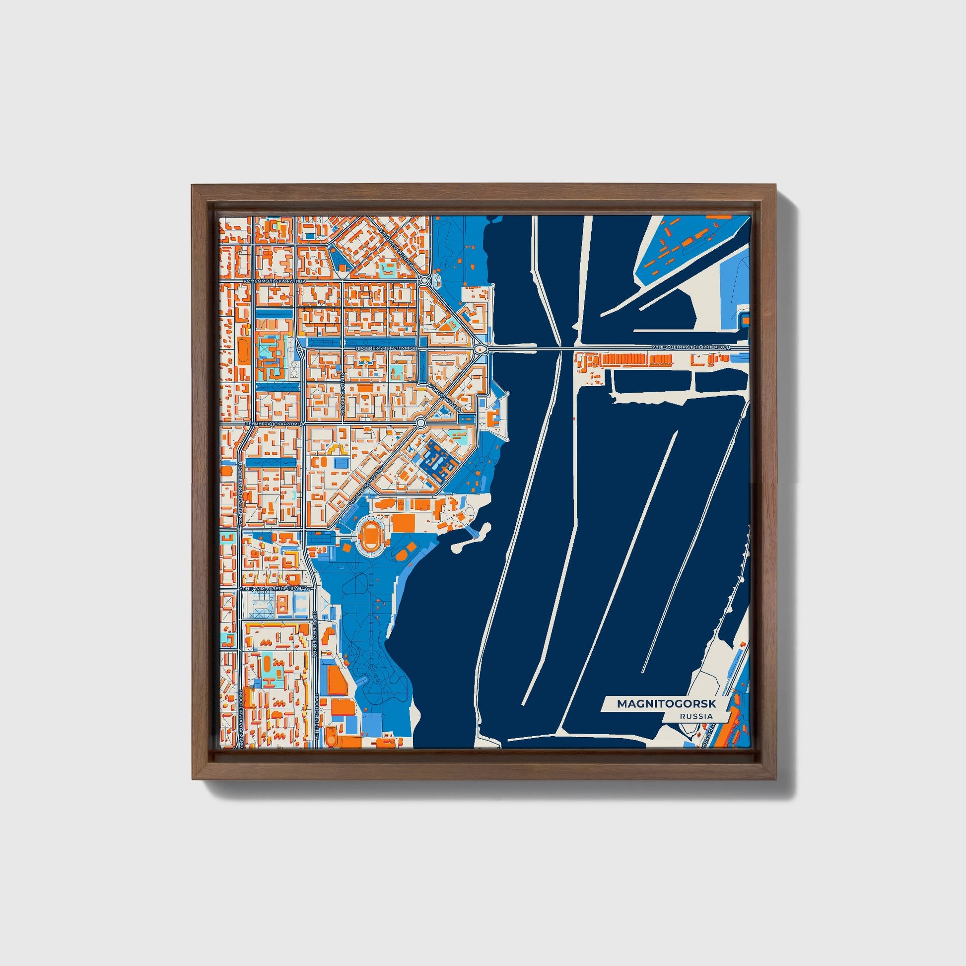 Магнитогорский Russia Colorful City Map Canvas Print • Dark Wooden Framed