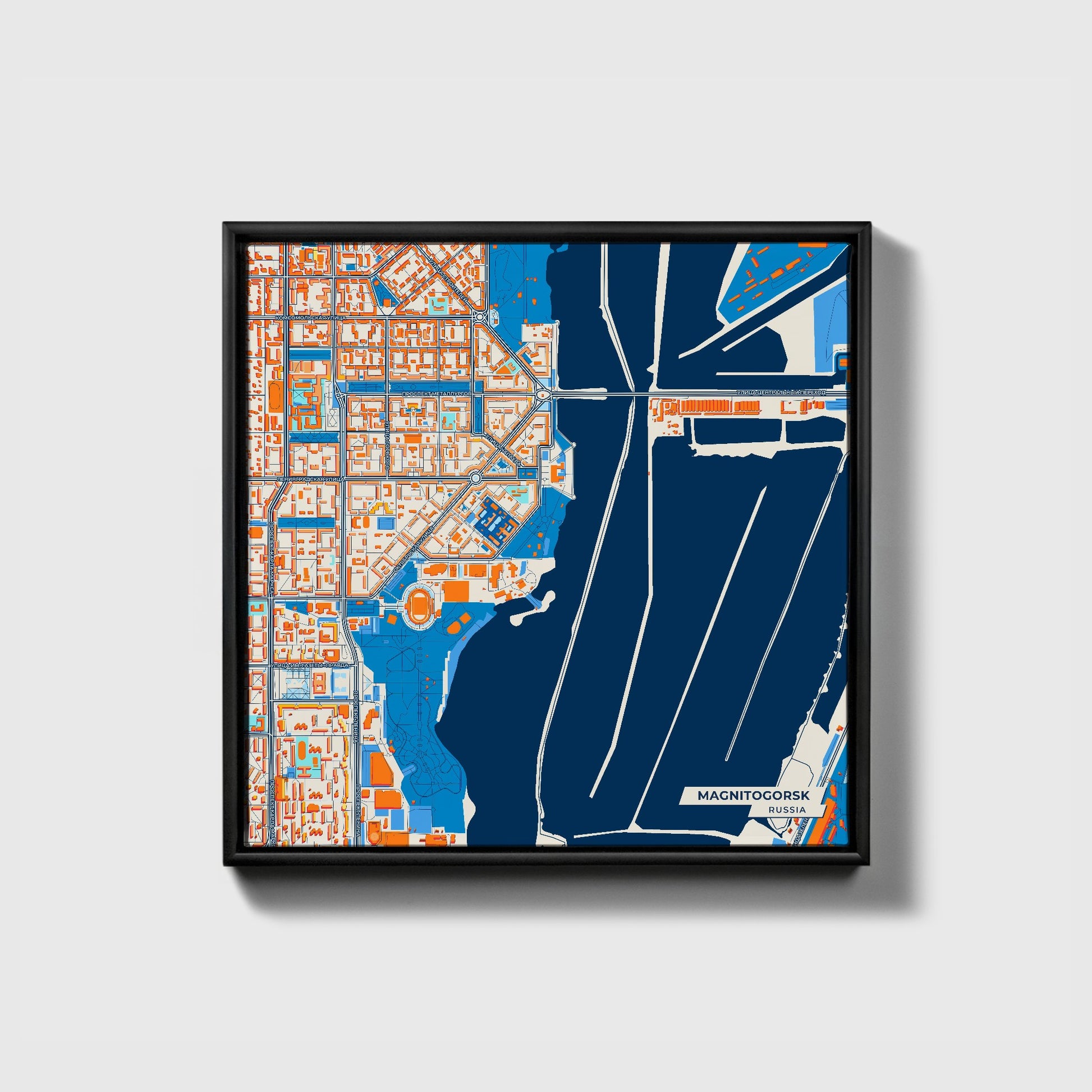 Магнитогорский Russia Colorful City Map Canvas Print • Black Framed