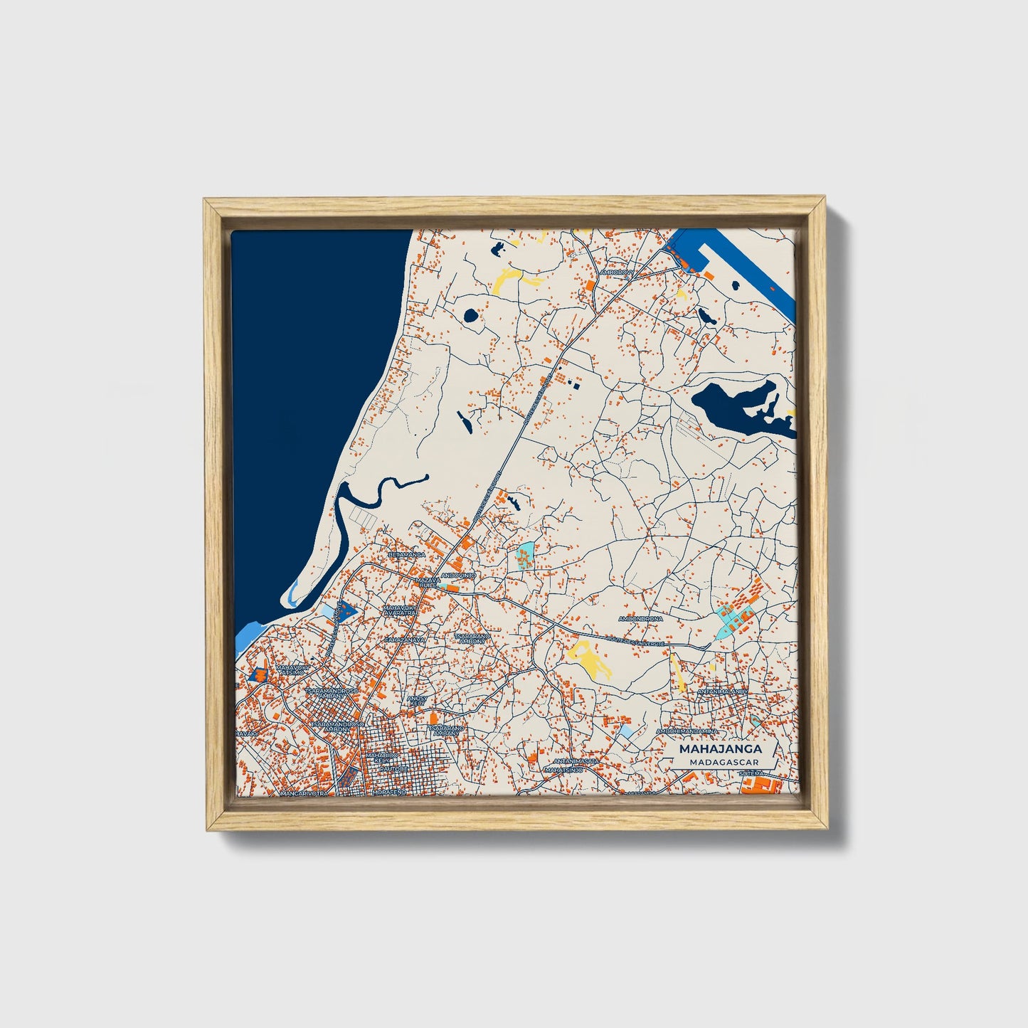 Mahajanga Madagascar Colorful City Map Canvas Print • Natural Wooden Framed