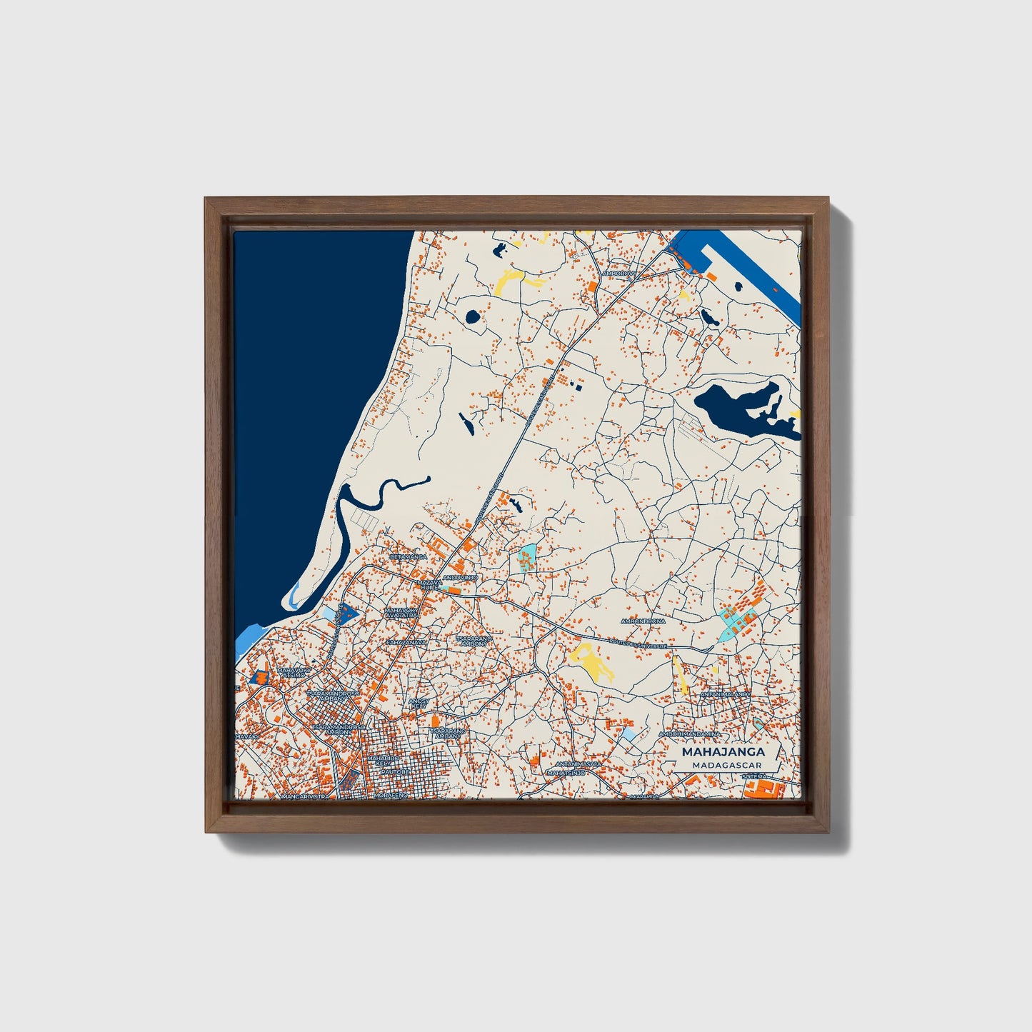 Mahajanga Madagascar Colorful City Map Canvas Print • Dark Wooden Framed