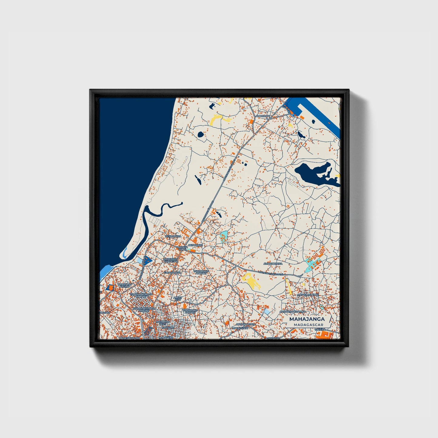 Mahajanga Madagascar Colorful City Map Canvas Print • Black Framed