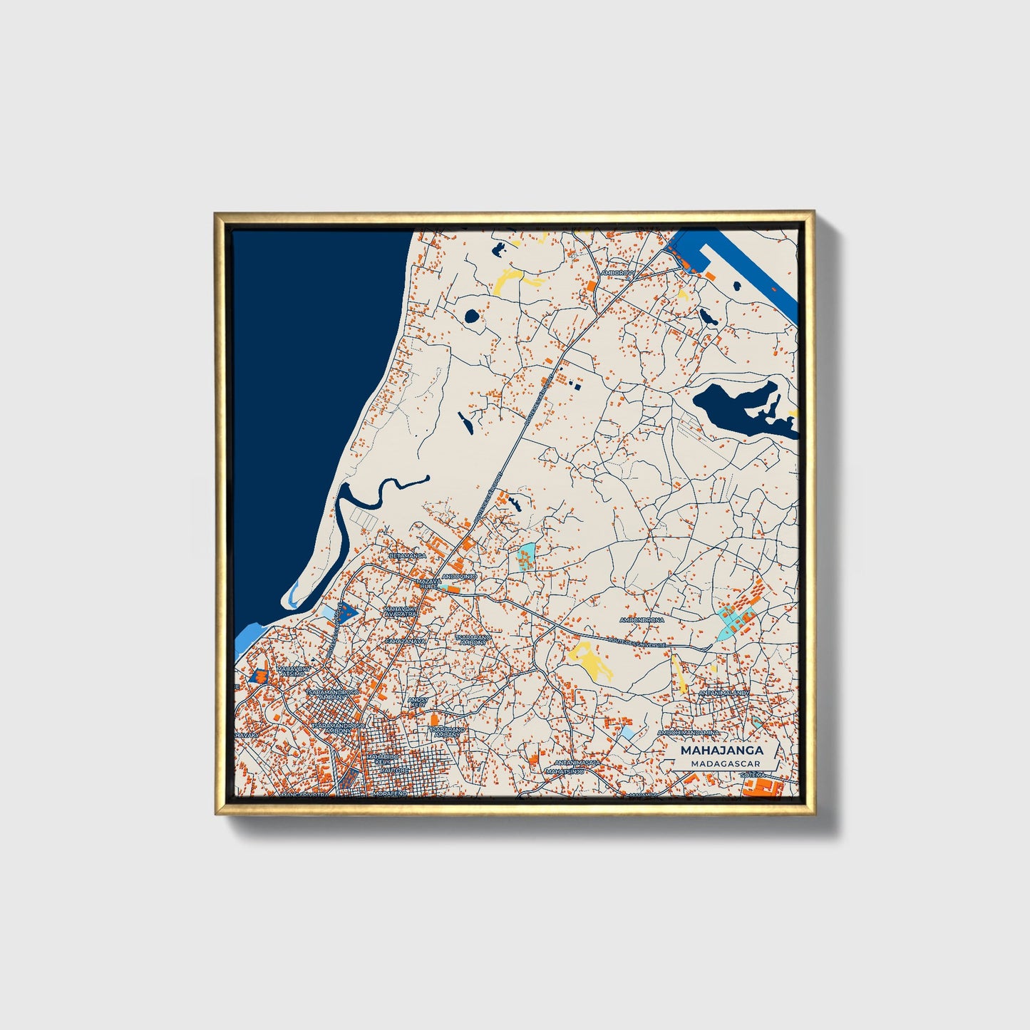 Mahajanga Madagascar Colorful City Map Canvas Print • Gold Framed