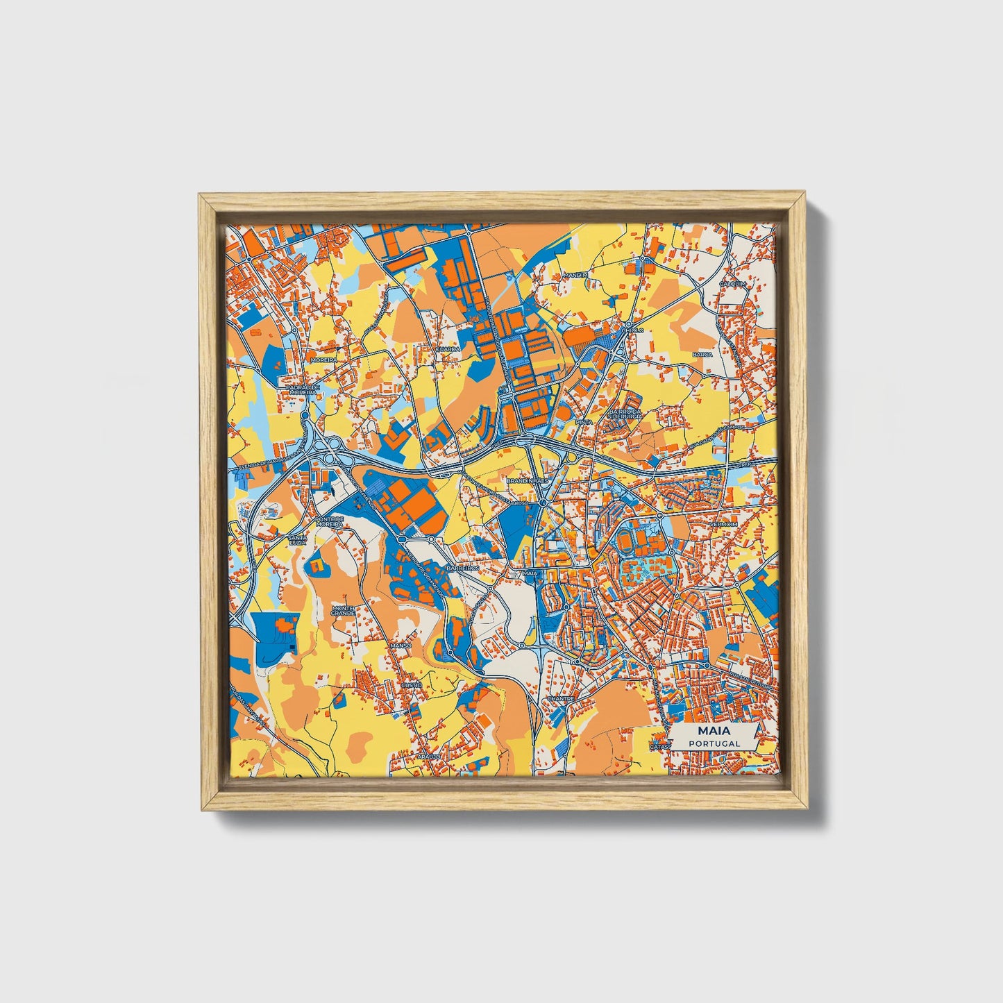 Maia Portugal Colorful City Map Canvas Print • Natural Wooden Framed