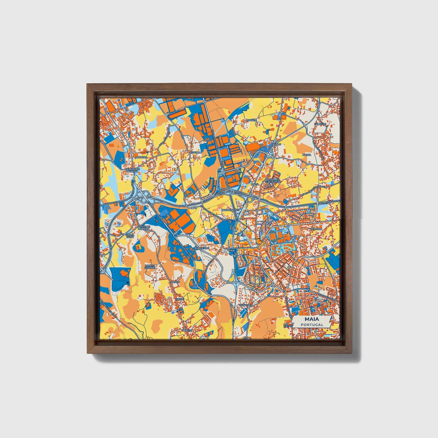 Maia Portugal Colorful City Map Canvas Print • Dark Wooden Framed