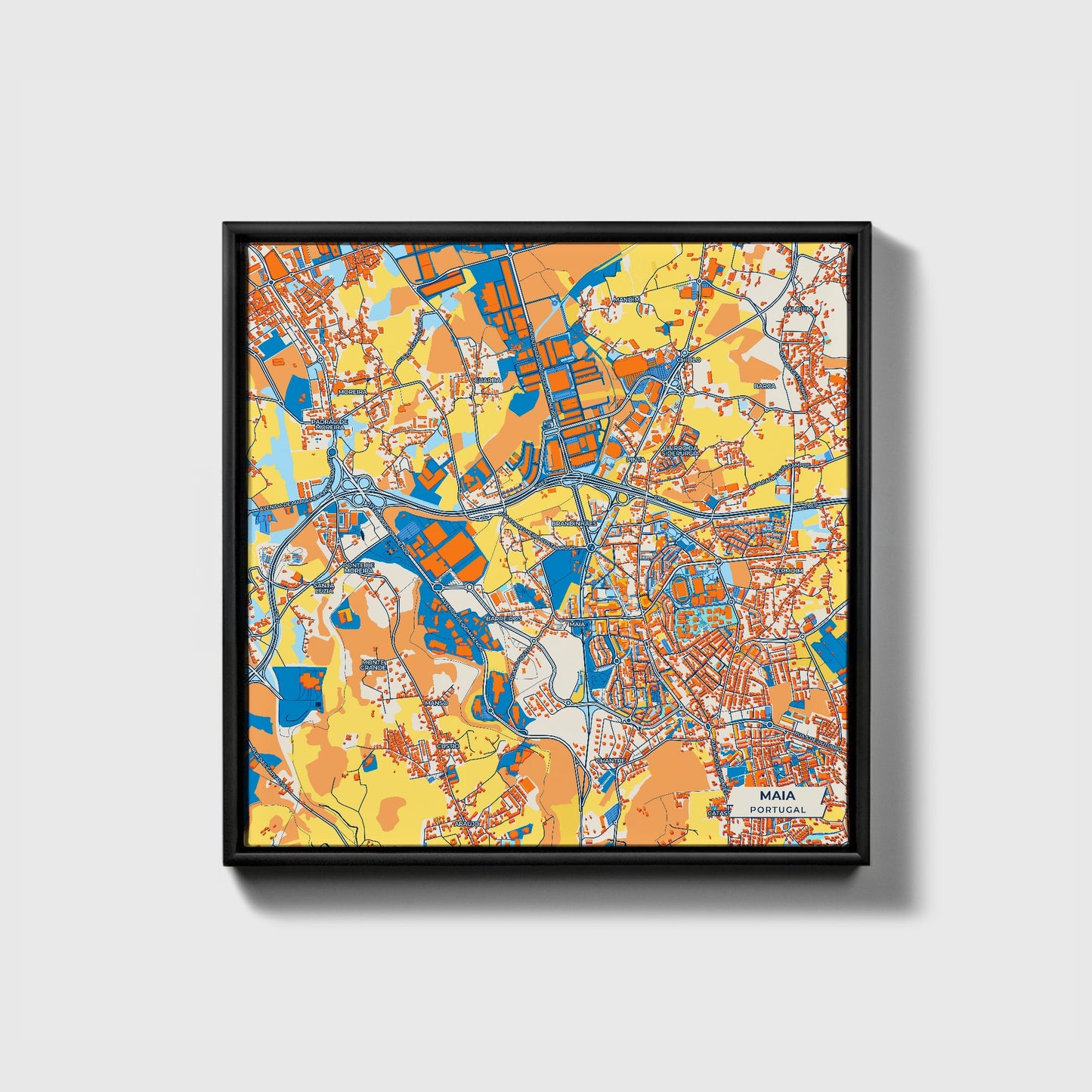 Maia Portugal Colorful City Map Canvas Print • Black Framed