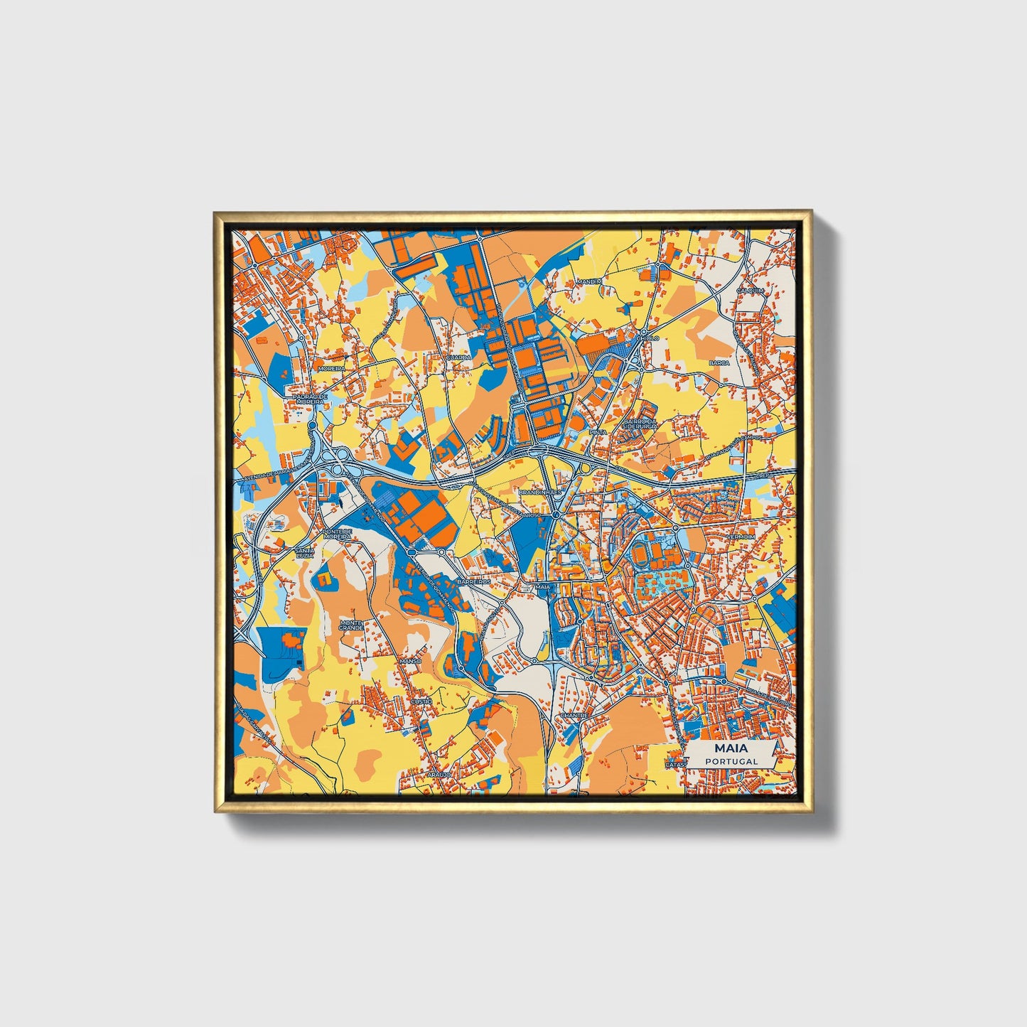 Maia Portugal Colorful City Map Canvas Print • Gold Framed