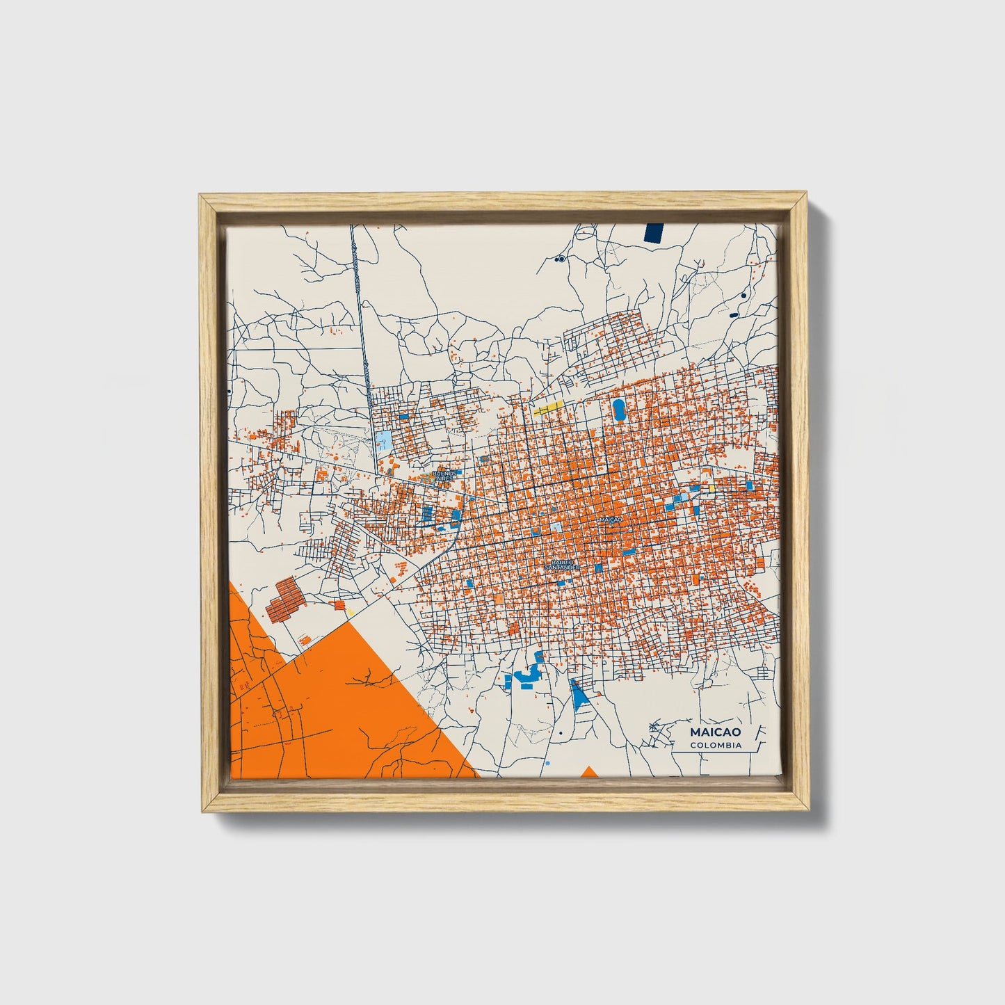 Maicao Colombia Colorful City Map Canvas Print • Natural Wooden Framed