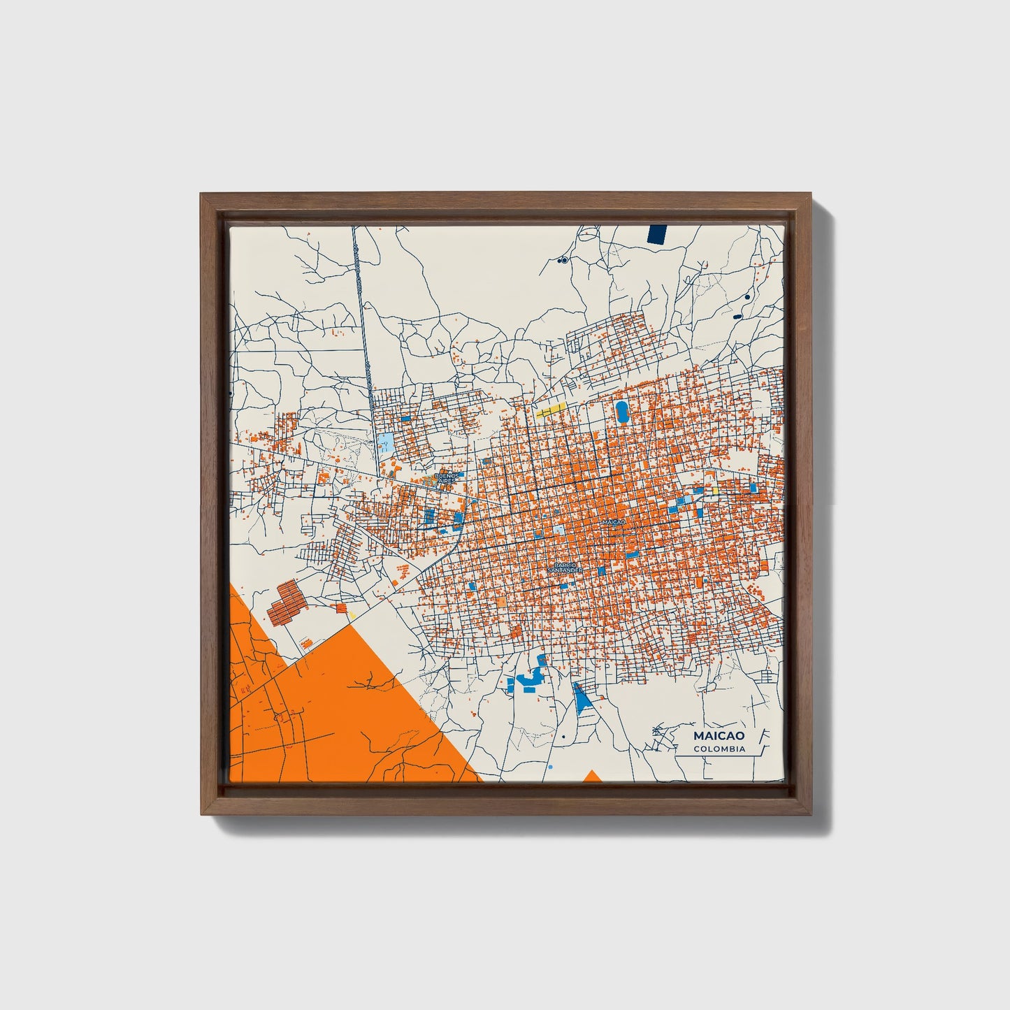Maicao Colombia Colorful City Map Canvas Print • Dark Wooden Framed