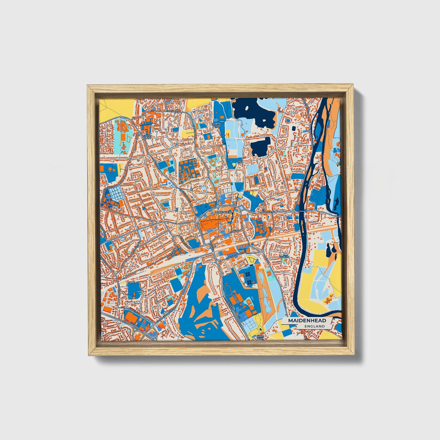 Maidenhead England Colorful City Map Canvas Print • Natural Wooden Framed
