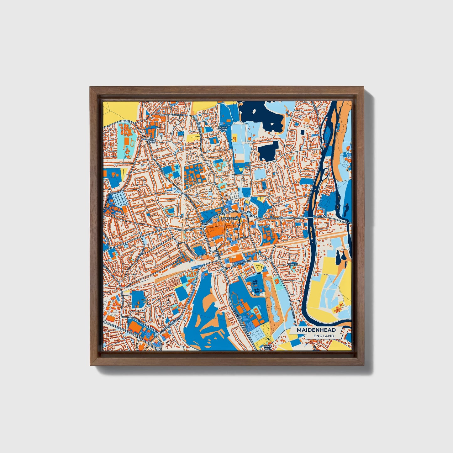 Maidenhead England Colorful City Map Canvas Print • Dark Wooden Framed