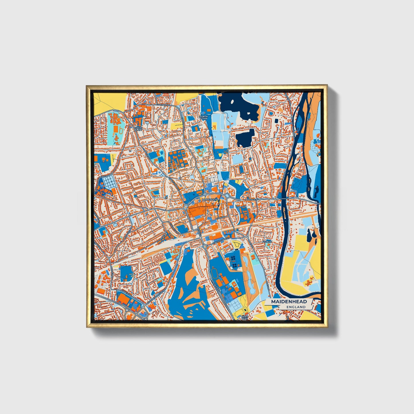 Maidenhead England Colorful City Map Canvas Print • Gold Framed